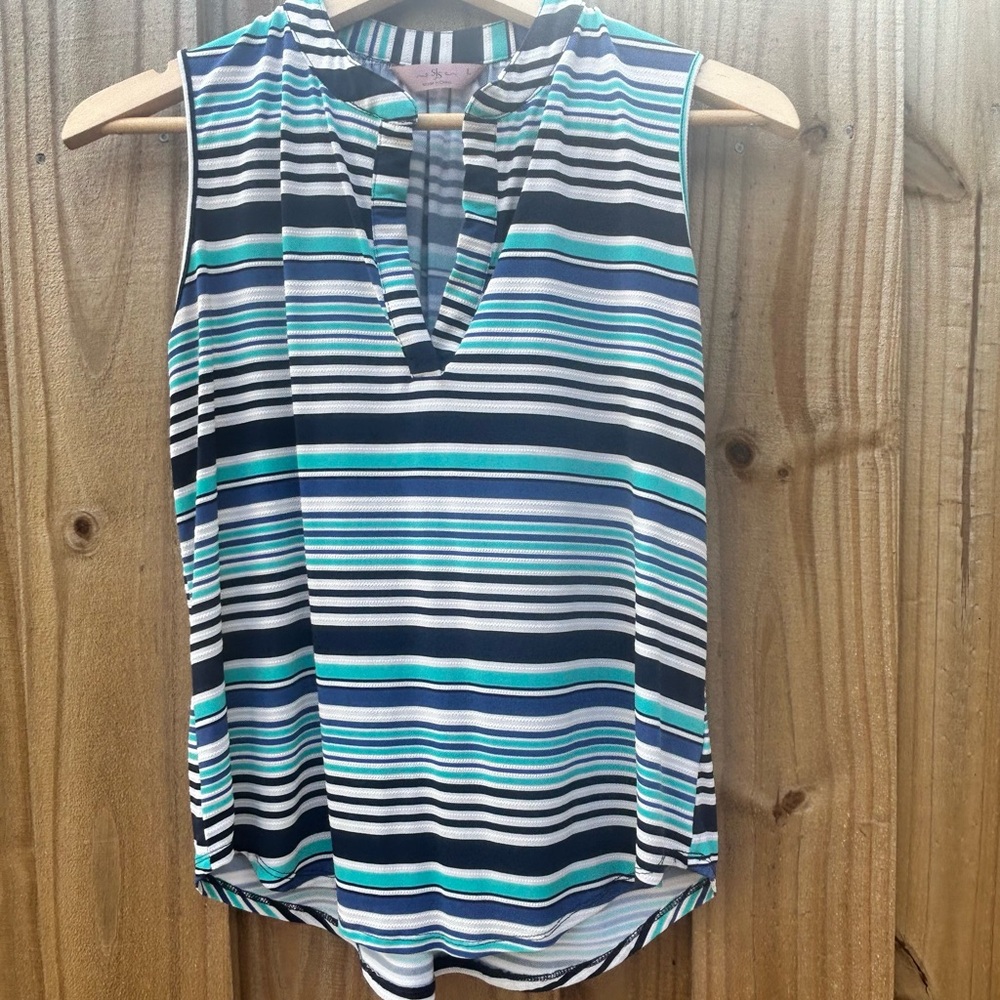 SJS Striped V-Neck Sleeveless Top - Blue, White & Teal